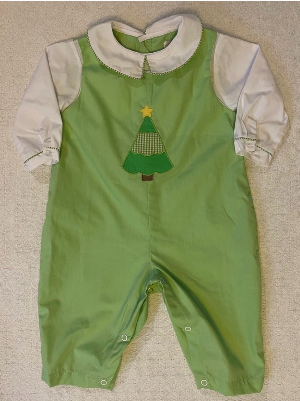 Petit Pomme Green Long Sleeve Holiday Romper with Christmas Tree Appliquè